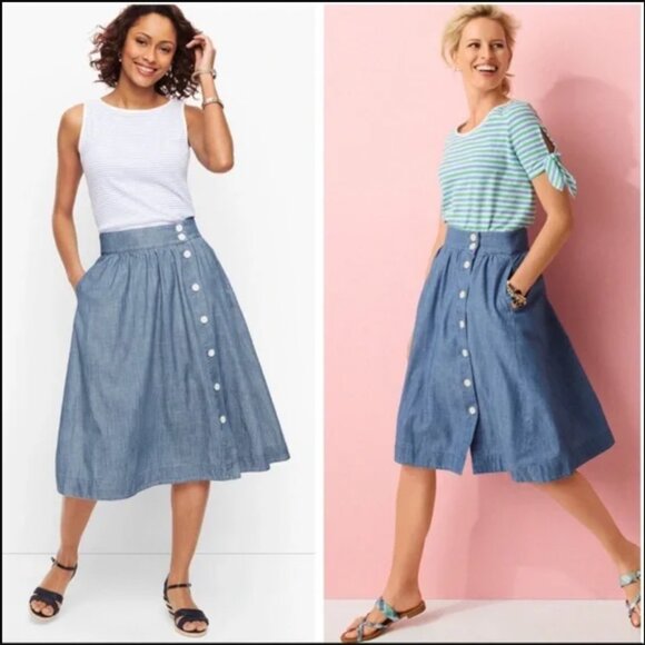 Talbots Soft Blue Denim Midi Skirt A Line Chambray Button Front size 14 - Picture 1 of 7
